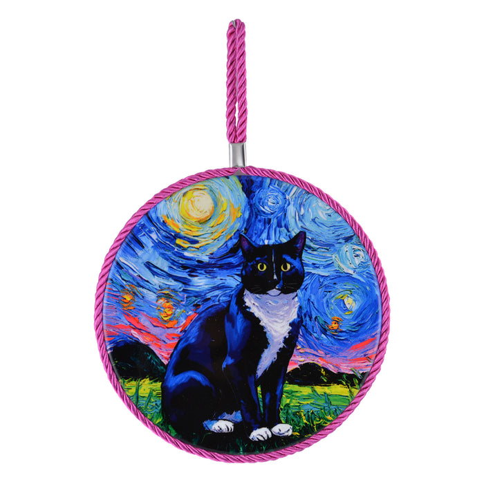 Posaollas Gato Negro con Blanco Cordòn Fucsia