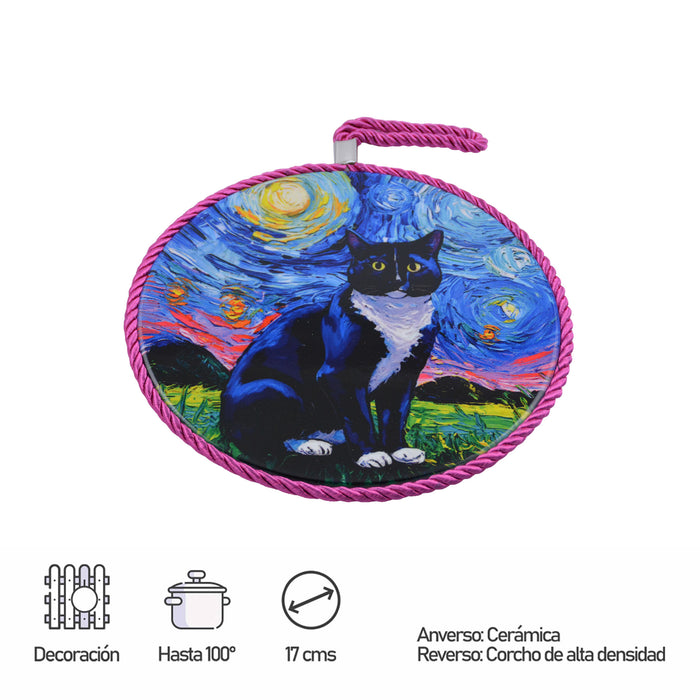 Posaollas Gato Negro con Blanco Cordòn Fucsia