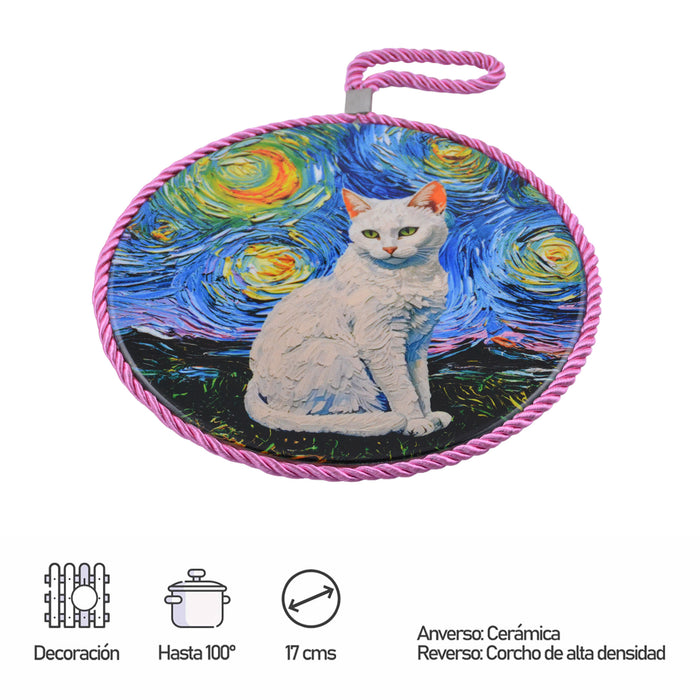Posaollas Gato Blanco Pintura Cordòn Rosado