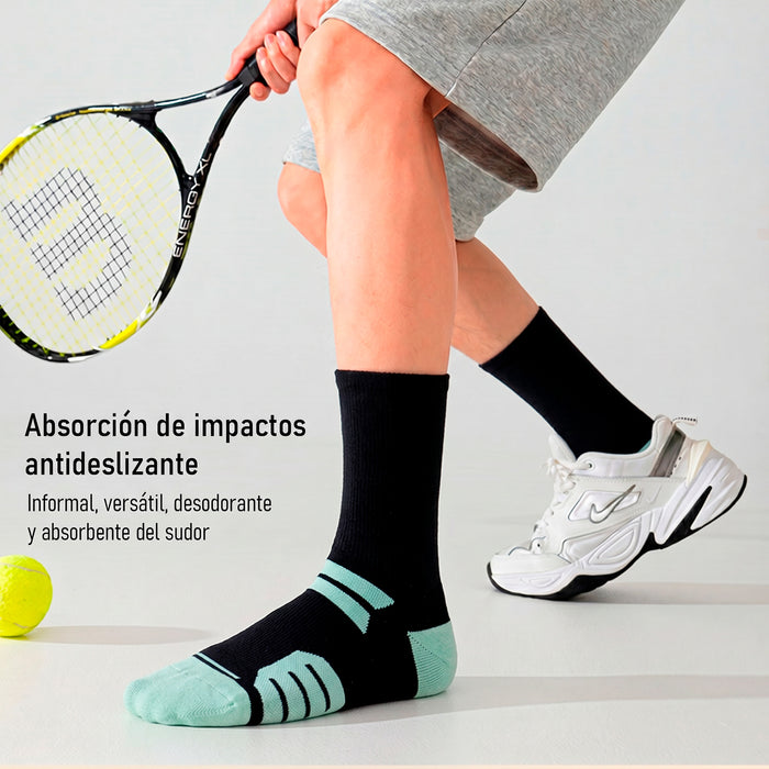 Calcetín Deportivo Largo Liso Transpirable Negro Raya Verde 41-45