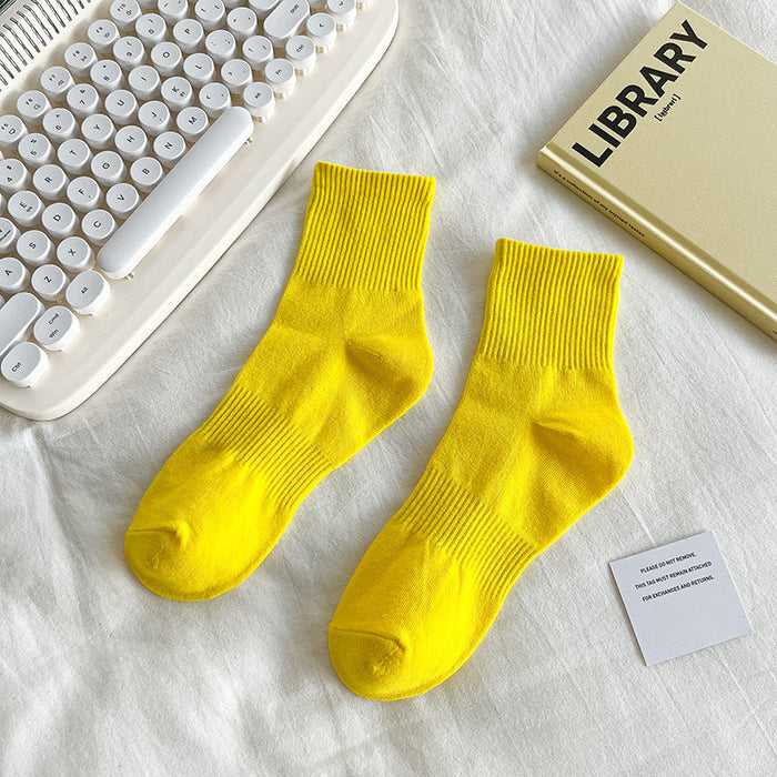 Calcetines Liso Color Amarillo Media Caña con Puño Arcoiris
