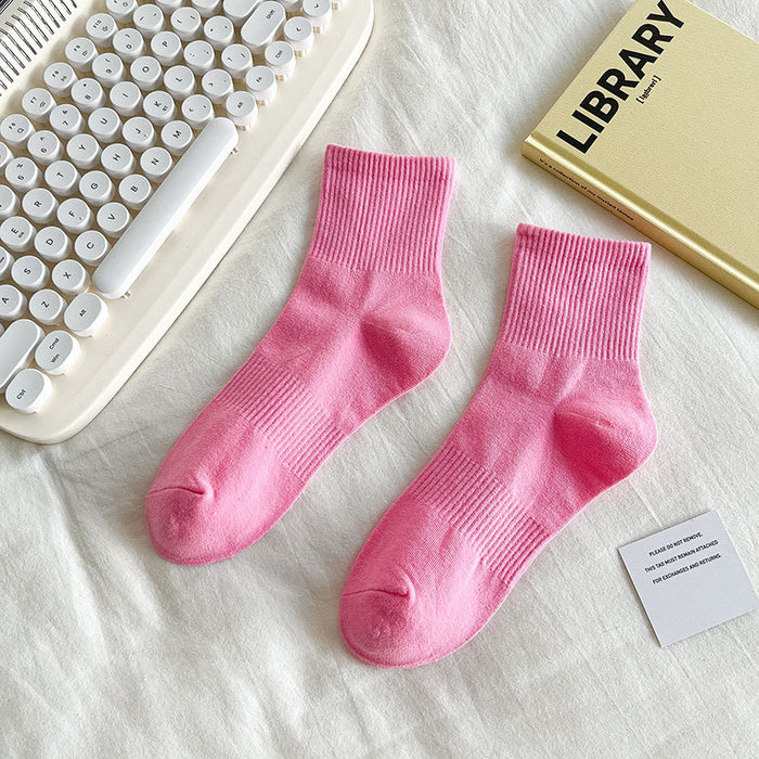 Calcetines Liso Color Rosado Media Caña con Puño Arcoiris