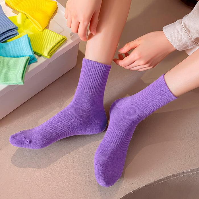 Calcetines Liso Color Morado Media Caña con Puño Arcoiris