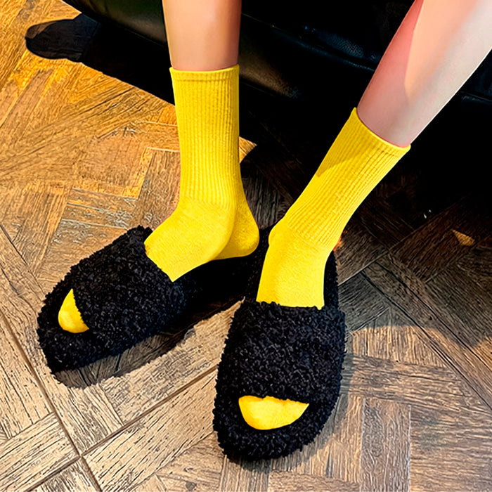 Calcetines Liso Color Amarillo Largo con Puño Arcoiris