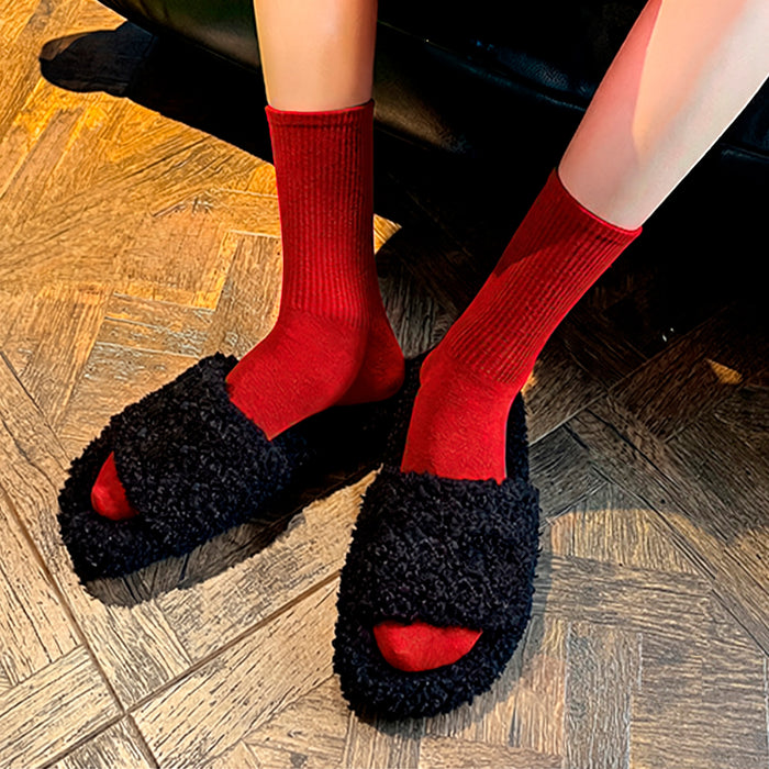 Calcetines Liso Color Rojo Largo con Puño Arcoiris