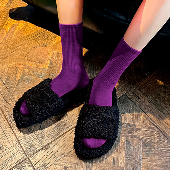 Calcetines Liso Color Lila Largo con Puño Arcoiris