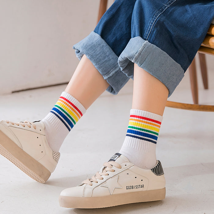 Calcetines Blancos Linea de Colores Arcoiris