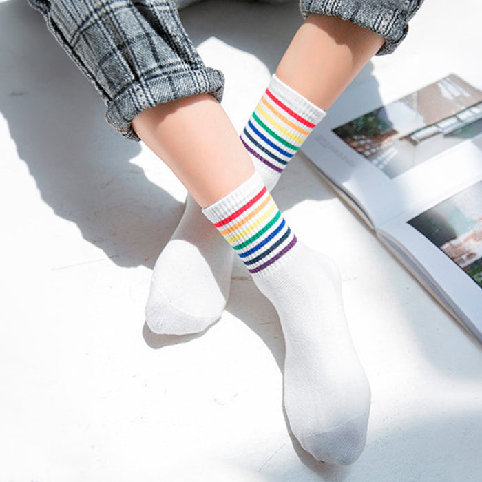 Calcetines Blancos Linea de Colores Arcoiris