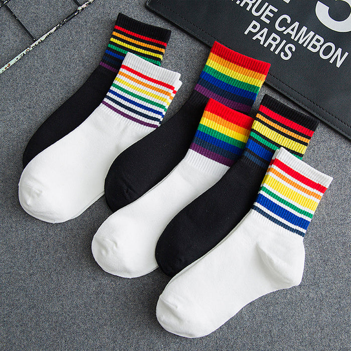 Calcetines Blancos Linea de Colores Arcoiris