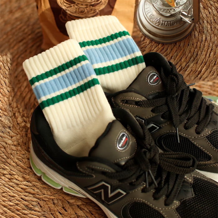 Calcetines Blancos con Rayas Celeste y Verdes