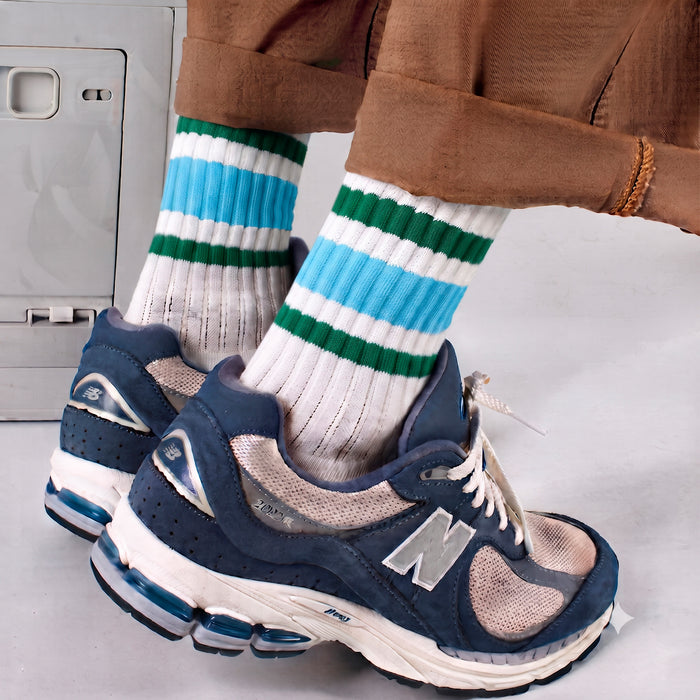 Calcetines Blancos con Rayas Celeste y Verdes