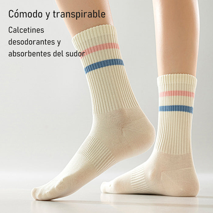 Calcetines Blancos y Lineas de Color Morado y Rosado
