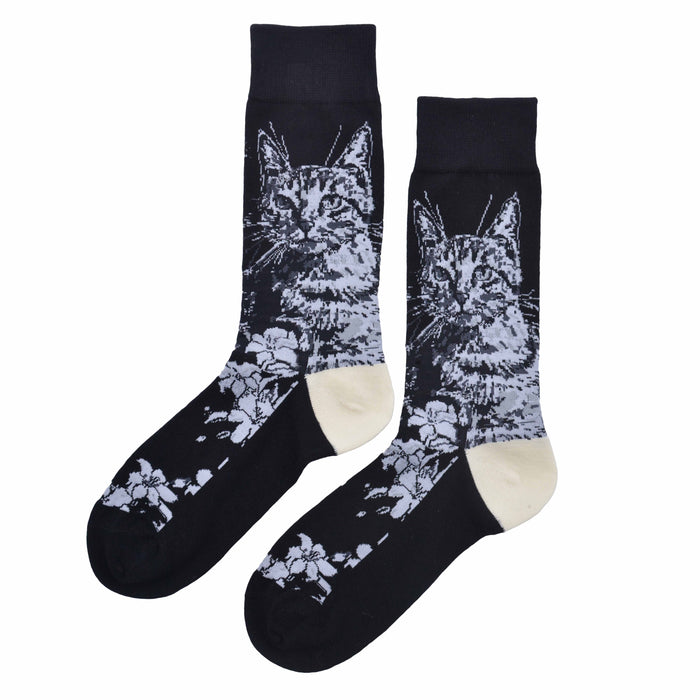 Calcetin algodon largo gato blanco fondo negro 334