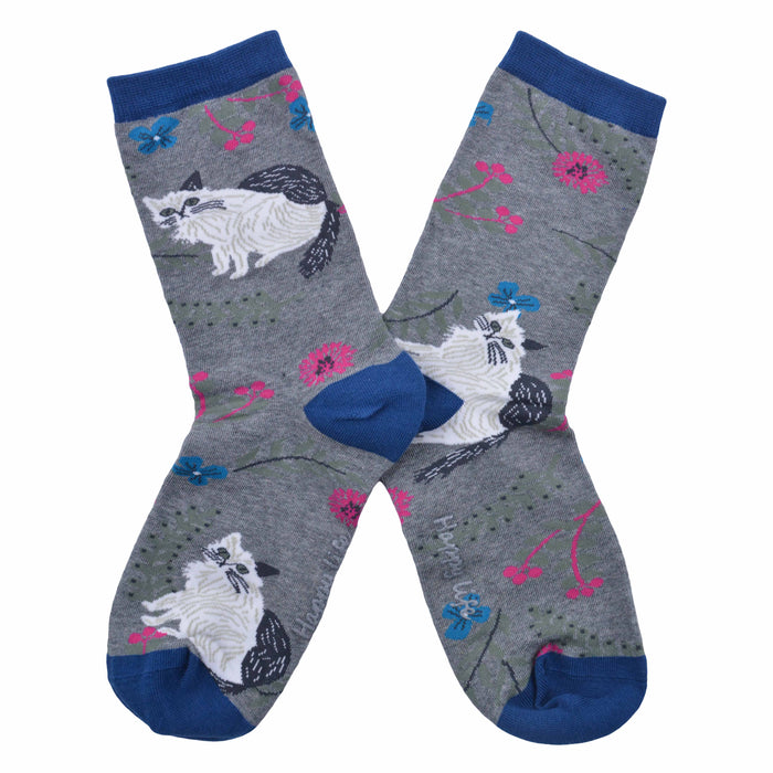 Calcetin algodon largo gato blanco negro 329