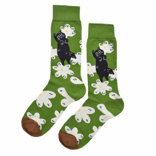 Calcetin algodon largo gato negro fondo  verde 333