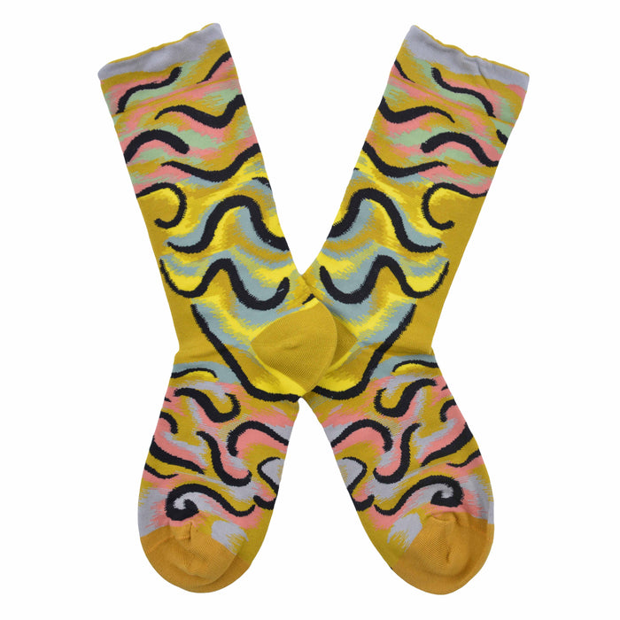 Calcetin algodon largo ondas negras fondo amarillo 342