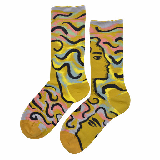 Calcetin algodon largo ondas negras fondo amarillo 342