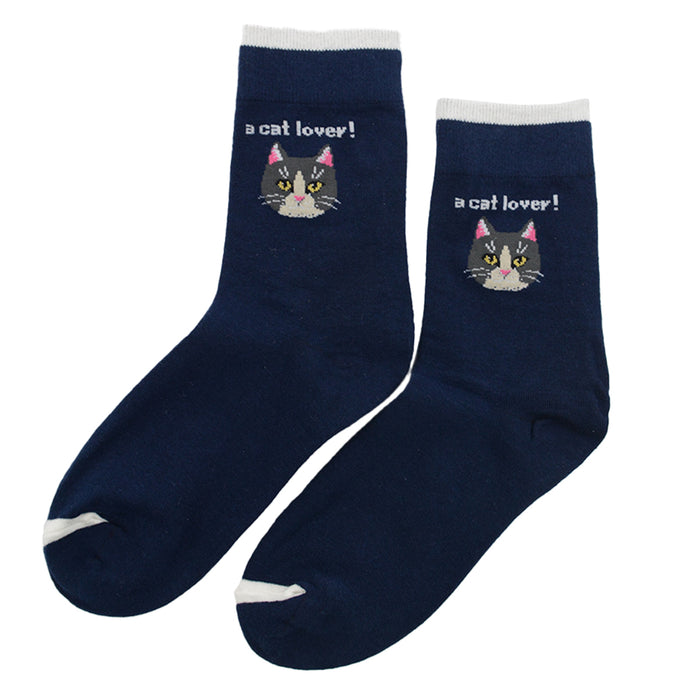 Calcetin largo algodon gatos cara cat lover azul 3953-1