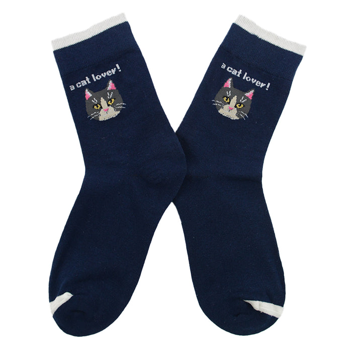 Calcetin largo algodon gatos cara cat lover azul 3953-1