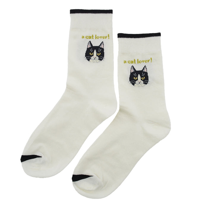 Calcetin largo algodon gatos cara cat lover blanco 3953-3