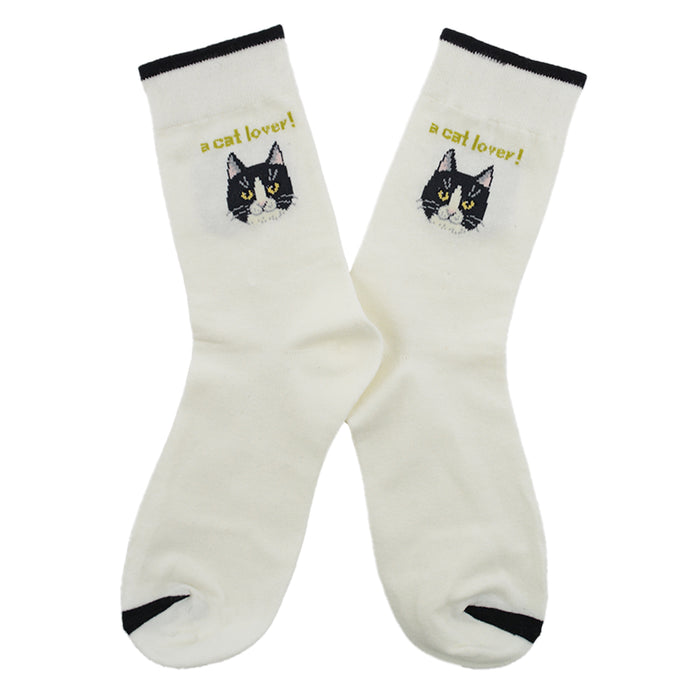 Calcetin largo algodon gatos cara cat lover blanco 3953-3