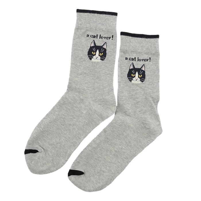 Calcetin largo algodon gatos cara cat lover gris claro 3953-5