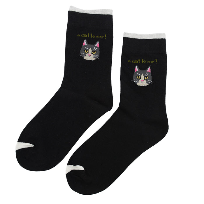 Calcetin largo algodon gatos cara cat lover negro 3953-2