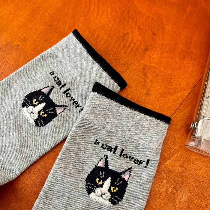 Calcetin largo algodon gatos cara cat lover gris claro 3953-5