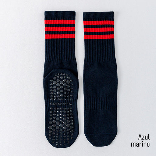 Calcetin yoga algodon antideslizante largo 3 rayas azul marino 4092-4