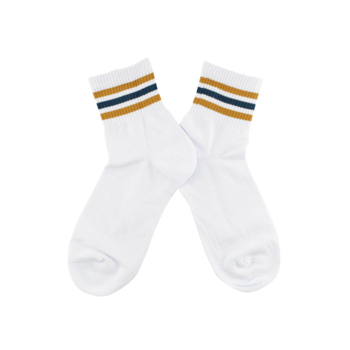 Calcetines blancos algodon media pierna rayas dorado azul
