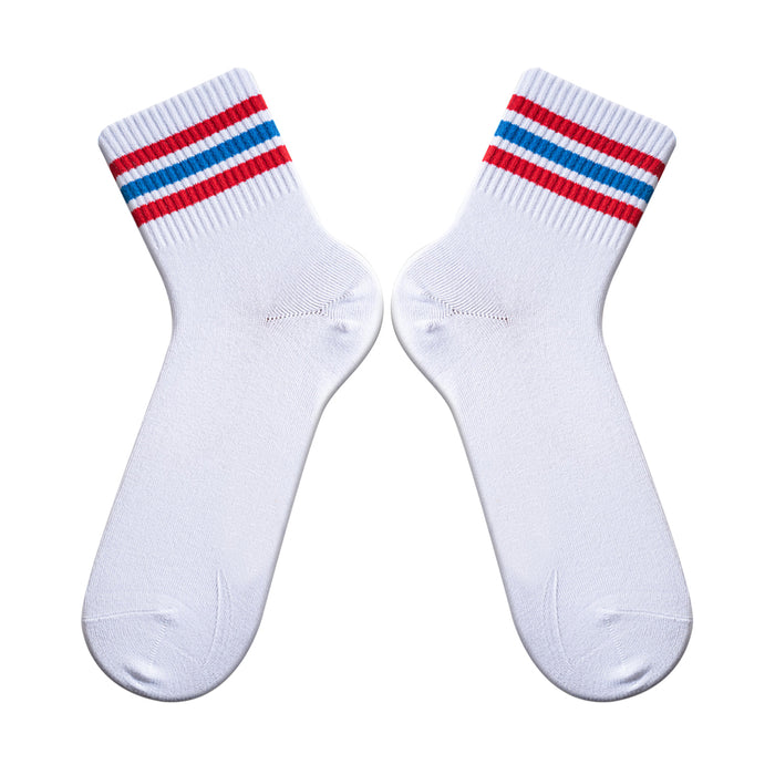Calcetines blancos algodon media pierna rayas rojo y azul