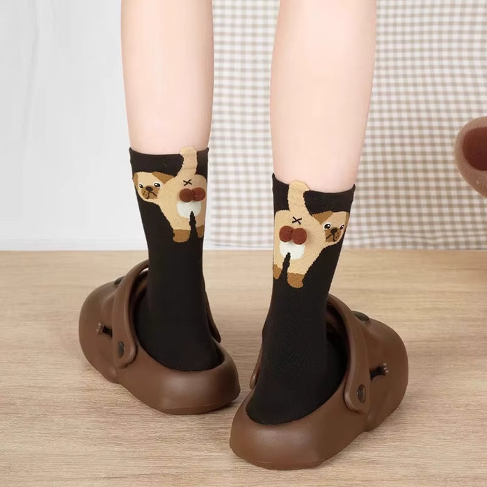 Calcetines largos algodon bolitas perro pug beige