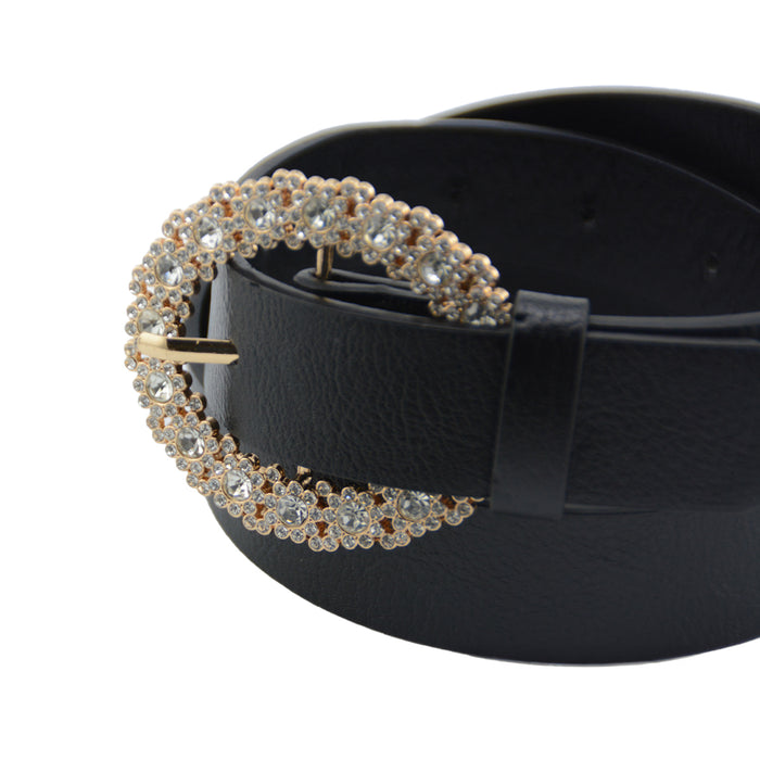 Cinturon Sintetico Liso negro brillos dorado 3838-2