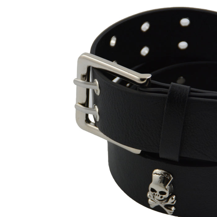 Cinturon calavera negro sintetico hebilla cuadrado plateado 3971