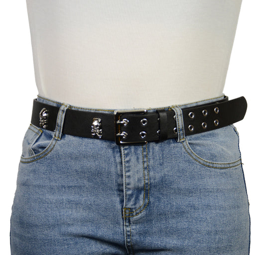 Cinturon calavera negro sintetico hebilla cuadrado plateado modelo 3971