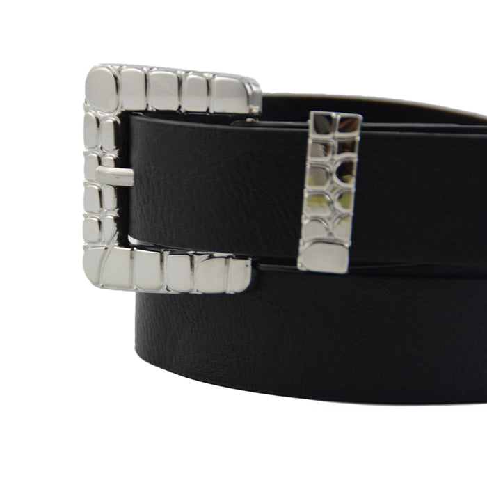 Cinturon liso hebilla cuadrada texturizada plateado negro 3357-1