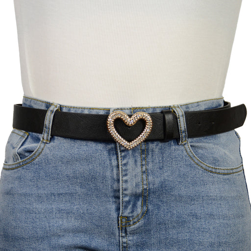 Cinturon liso negro sintetico hebilla corazon brillo dorado 3556-2