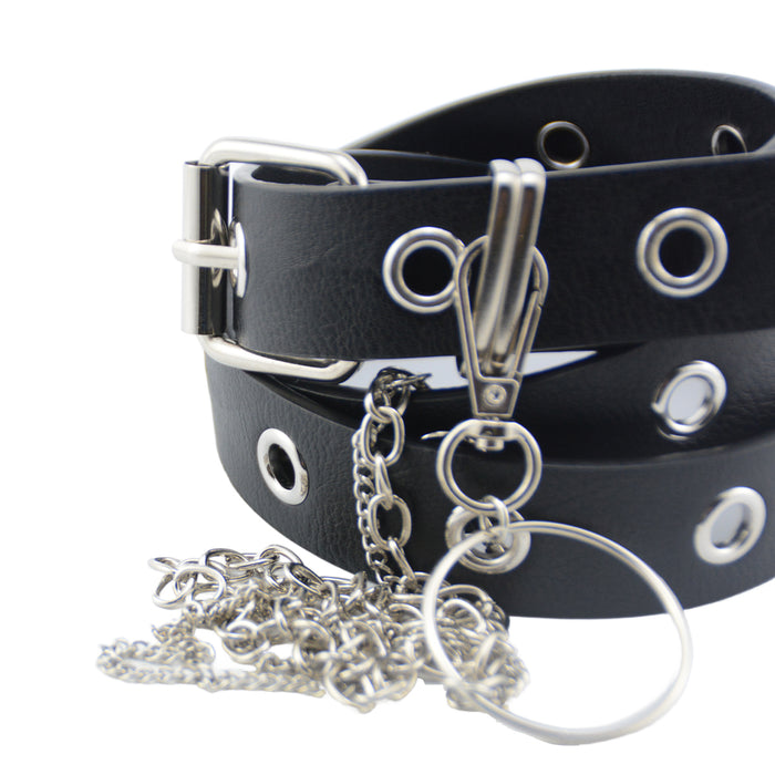 Cinturon sintetico tachas cadena doble negro plateado 3843