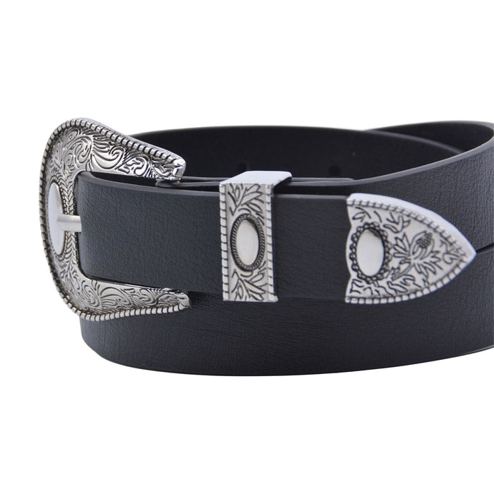 Cinturon sintetico negro plateado liso 4133