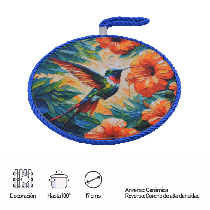 Posaolla colgante ceramica corcho colibri flores hilo azul 4212-3