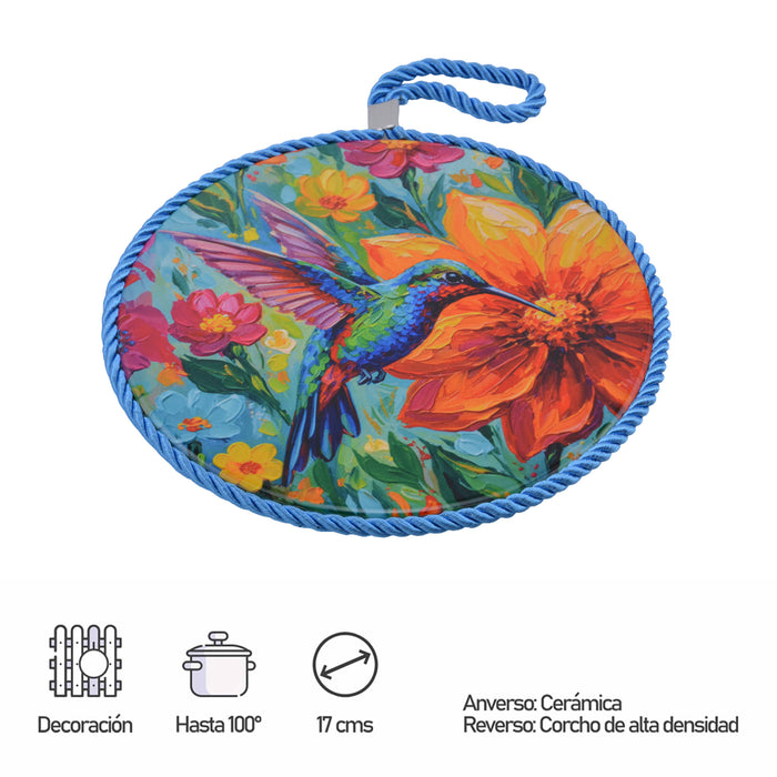 Posaolla colgante ceramica corcho colibri flores hilo celeste 4212-5