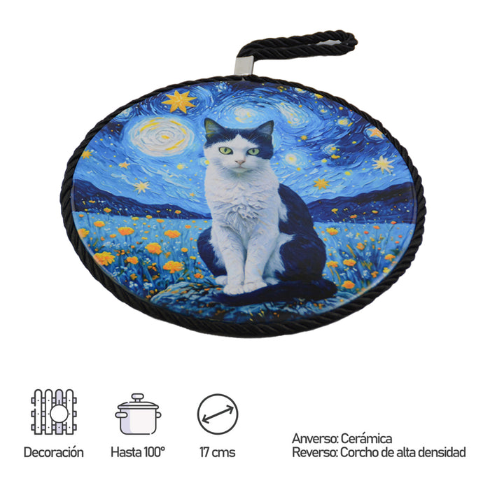 Posaolla gato negro blanco noche estrellada van gogh colgante corcho ceramica 3966-6