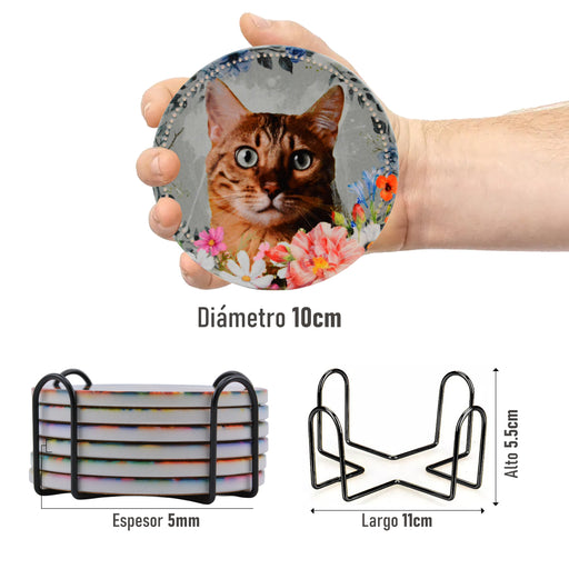 Posavasos set ceramica floral caras gatos 3369