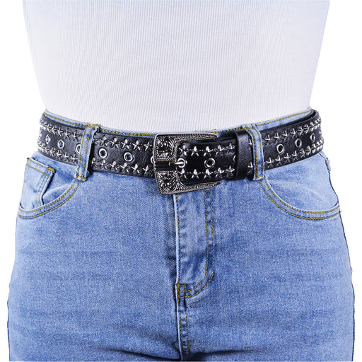Cinturon tachas negro metal plateado estrellas 4228