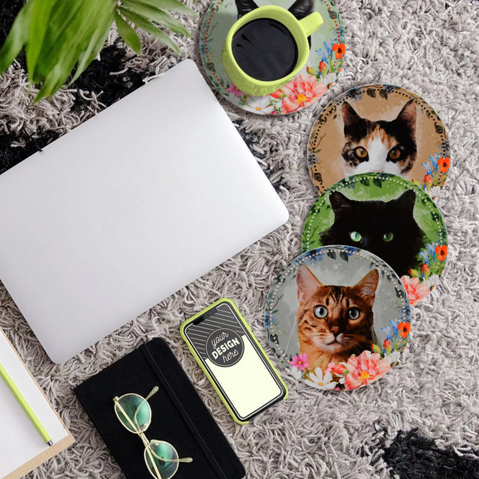 Posavasos set ceramica floral caras gatos 3369