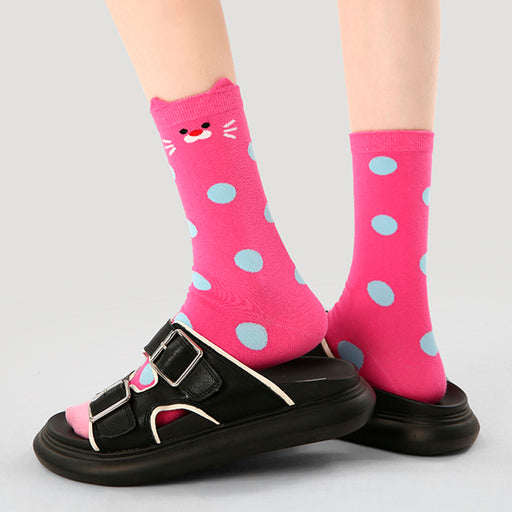 Calcetines algodon largo mujer fucsia gato 