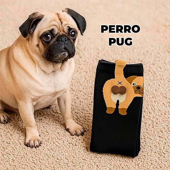 Calcetines largos algodon bolitas perro pug beige