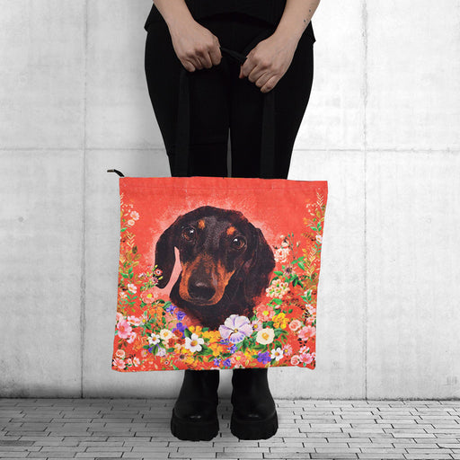 Bolso chico lona floral rojo salchicha negro 3905