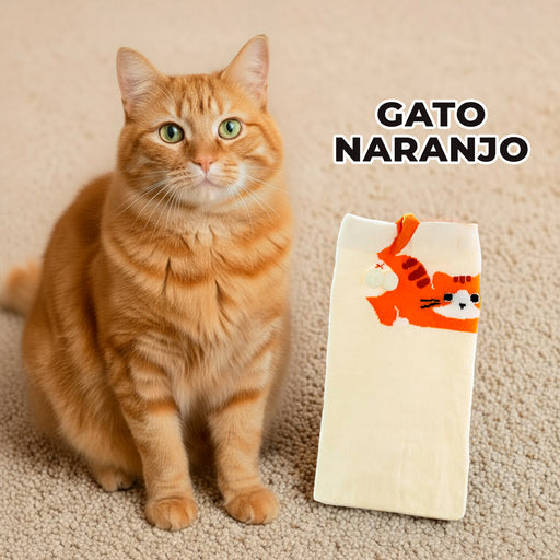 Calcetin algodon largo beige gato naranjo 4141-1