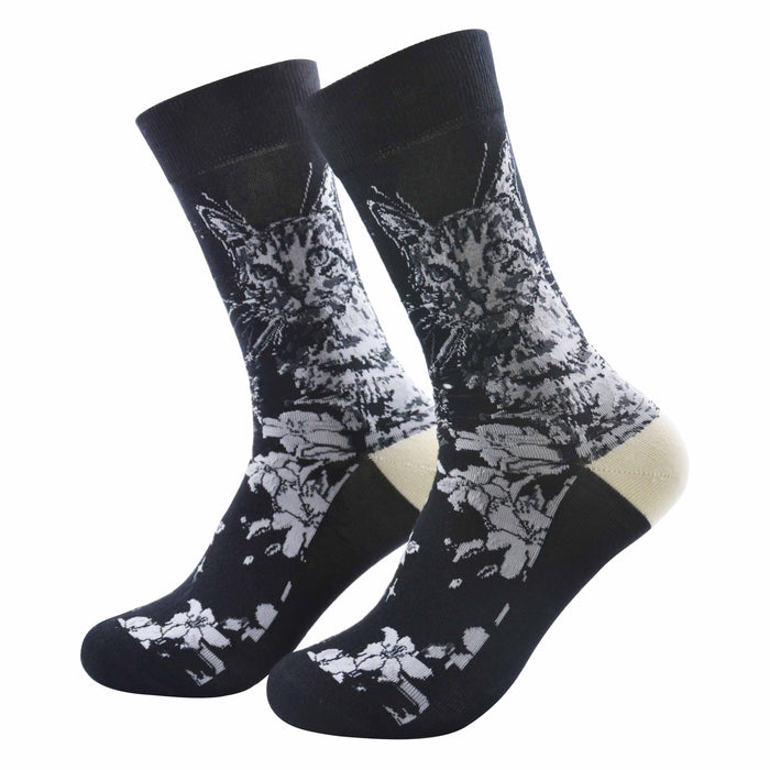 Calcetin algodon largo gato blanco fondo negro 334